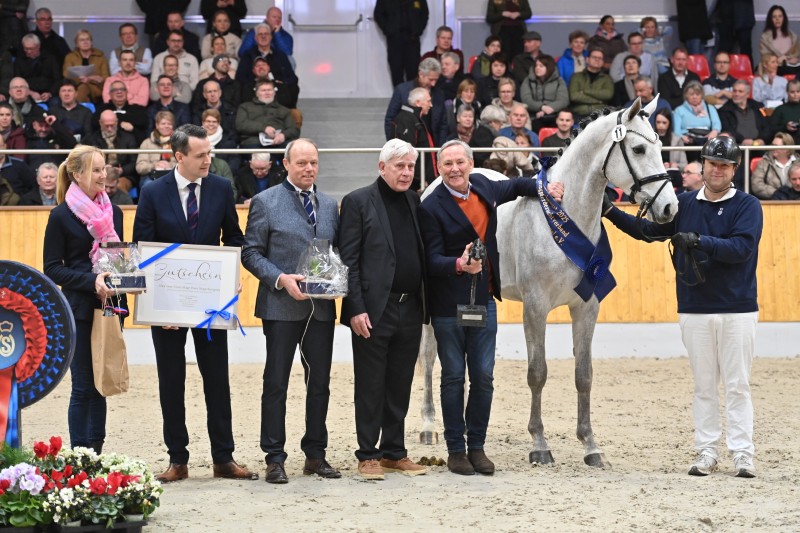 Bild des Siegerhengstes und zuständigen Personen